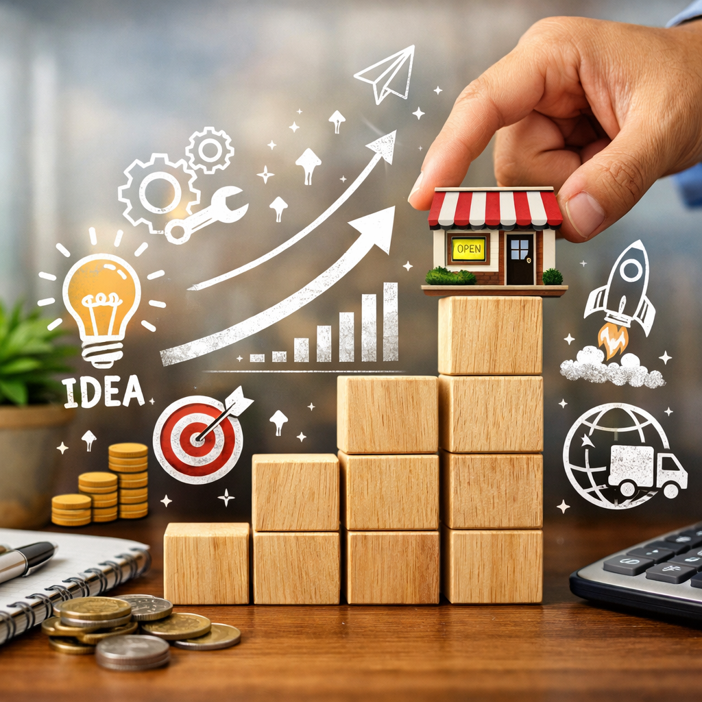 Stack of wooden blocks increasing in height with a small store model on top and business icons around