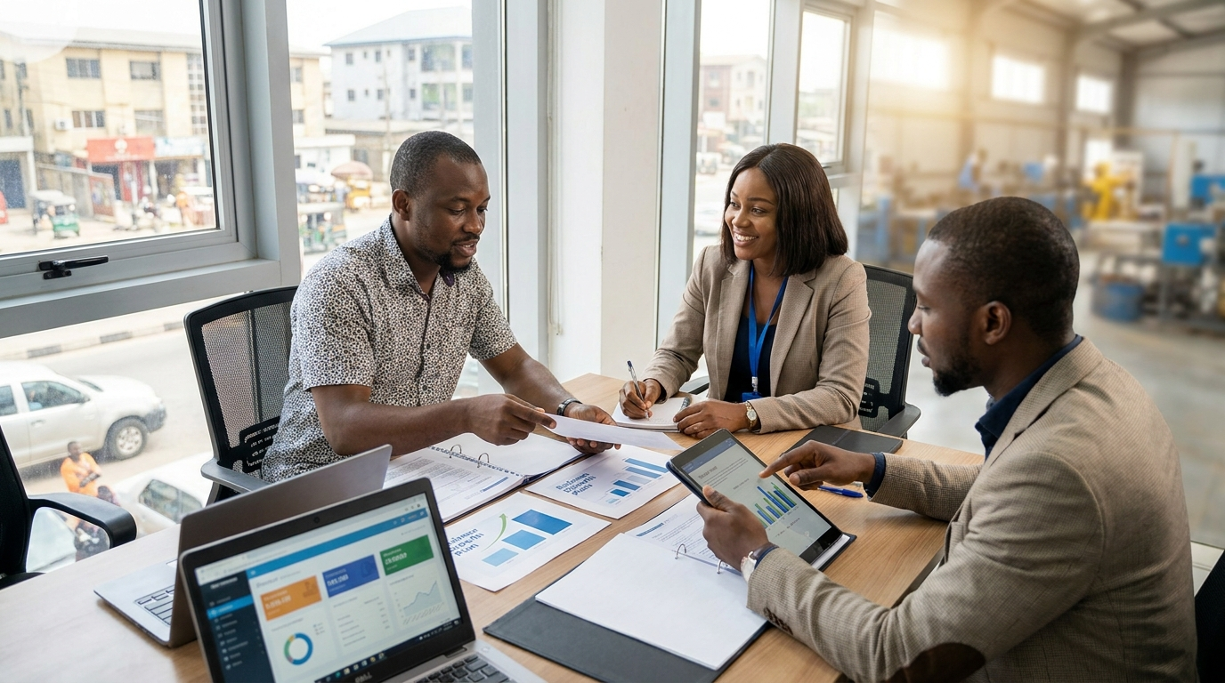 A financial institution representative engaging directly with SME owners or business leaders in a structured business setting.