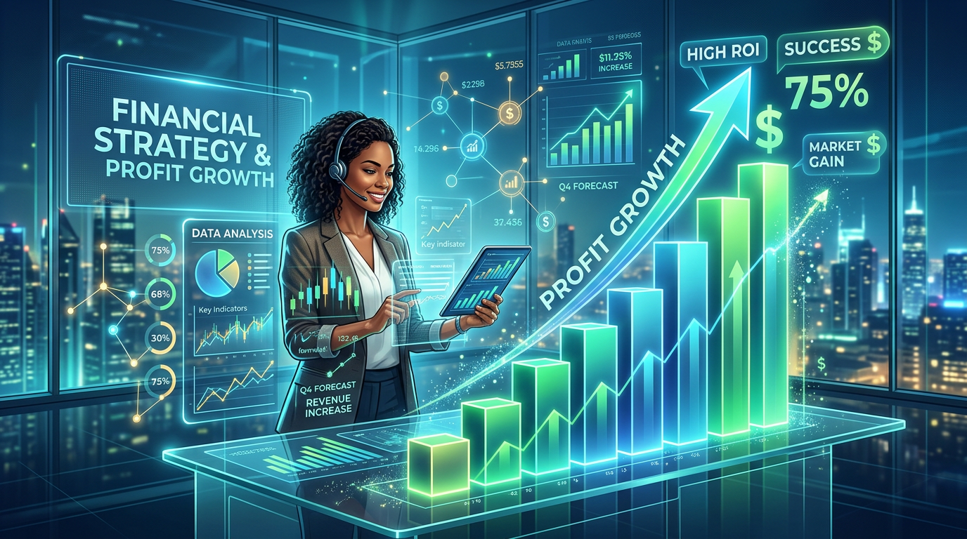 Businesswoman analyzing digital charts and graphs showing profit growth and financial strategy