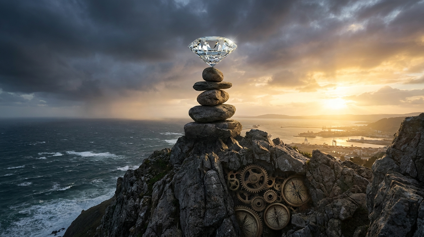 Diamond perfectly balanced on a pile of rocks demonstrating risk management